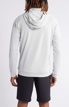 Stay comfortable on and off the course in this lightweight pullover featuring an adjustable drawstring hood and durable performance fabric. 27" length (size medium) Half-zip closure Drawstring hood; inner stand collar Long sleeves 88% polyester, 12% spandex Machine wash, tumble dry Imported Technical Track Jacket With Drawstring Hood, Nylon Athleisure Hoodie, Technical Long Sleeve Hoodie For Running, Technical Hooded Track Jacket With Moisture-wicking, White Hooded Outdoor Activewear, Functional White Hoodie With Adjustable Hood, Functional Hoodie With Adjustable Hood For Light Sports, White Hooded Activewear For Outdoor, Functional Hoodie With Drawstring For Light Sports