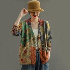 Women Retro Print Cardigan Coat Knit Outerwear, Embroidery Designs Fashion, Y2k Clothing, Short Sleeve Pattern, Retro Print, Printed Cardigan, Cardigan Sweaters For Women, Ethnic Style, Estilo Boho