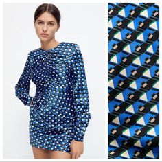 Nwot. Zara Bluish Geometric Print Mini Dress With Round Neckline, Long Sleeves, Pleat Detail And Back Opening, Button Closure At Collar. Size M. Ref. 8912/599. Pit To Pit 14" Flat, Shoulders 15", Sleeves 27", Waist 13,5", Length 33". 1072. Printed A-line Mini Dress For Party, Blue Asymmetrical Silk Dress, Spring Mini Dress With Geometric Pattern, Chic Spring Dress With Geometric Pattern, Fitted Printed Dress With Asymmetrical Hem, Spring Geometric Mini Dress, Spring Geometric Pattern Mini Dress, Geometric Pattern Mini Dress For Spring, Printed A-line Blue Mini Dress