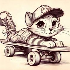 a drawing of a cat laying on top of a skateboard