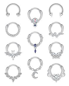 six different types of piercings with an arrow and stars on each one, all in various