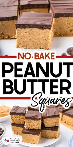 no bake peanut butter squares are stacked on top of each other with the words, no bake peanut butter squares