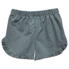 Hunter Green Gingham Girls Ruffle Short Summer School Bottoms With Ruffles, Cute Ruffled Bottoms For Playwear, Summer Bottoms With Elastic Waistband For School, Casual Ruffle Bottoms For Playwear, Casual Ruffled Bottoms For Playwear, Cotton Ruffled Bottoms For School, Elastic Cotton Ruffled Bottoms, Elastic Bottoms For Summer Playwear, Playful Bottoms With Elastic Waistband For School