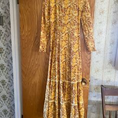 Brand New Yellow Floral Cotton Maxi Dress, Fitted Yellow Bohemian Midi Dress, Yellow Floral Print Fall Dresses, Yellow Floral Print Dress For Fall, Fall Floral Print Yellow Dress, Yellow Floral Print Dresses For Fall, Retro Yellow Maxi Dress, Fall Floral Print Yellow Maxi Dress, Yellow Maxi Dress For Fall