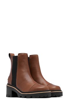 An essential Chelsea boot with a sleek, waterproof leather upper and lug sole can easily be styled up or down to match your mood. Waterproof: protects against rain, puddles and slush to keep feet dry in wet conditions 2 1/4" heel; 3/4" platform (size 8.5) 5 3/4" shaft Pull-on style with elastic gore insets Removable insole Leather and textile upper/textile and synthetic lining/rubber sole Imported Winter Everyday Ankle Boots, Everyday Winter Ankle Boots, Everyday Ankle Boots For Winter, Ankle Boots For Rainy Weather In Fall, Ankle Boots For Rainy Weather And Fall, Waterproof Boots With Reinforced Toe For Winter Workwear, Everyday Waterproof Boots For Fall, Everyday Waterproof Fall Boots, Waterproof Moto Boots With Round Toe For Fall