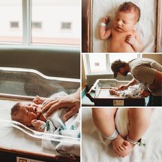 a collage of photos showing baby being held by an adult and the infant laying down on it's side