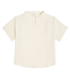 Baby David linen shirt in white - Donsje | Mytheresa Neutral Cotton Summer Shirt, Spring Shirt In Flax Color And Material, White Linen Tops With Placket, Classic Beige Tops For The Beach, Classic Beige Tops For Beach, Classic Beige Top For Beach, Classic Beige Beach Top, Spring Flax Shirt, Classic Linen Short Sleeve T-shirt