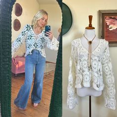 Beautiful, handmade way crochet top Very versatile can be worn in front or back  One size fits most, up to a large Bohemian Knitted V-neck Top, Bohemian V-neck Knitted Top, Fall Crochet V-neck Top With Crochet Trim, Fitted Bohemian V-neck Sweater, Bohemian Crochet Top For Fall Day Out, Bohemian Open Knit Top For Spring, Bohemian Open Knit Sweater For Day Out, Bohemian Spring Open Knit Top, Spring Bohemian Open Knit Top