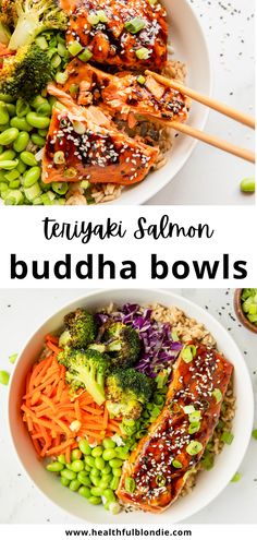 two bowls with broccoli, carrots and sesame seeds in them that are topped with teriyaki salmon buddha bowls