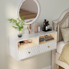 a bedroom with a white dresser and mirror on the wall next to a small bed