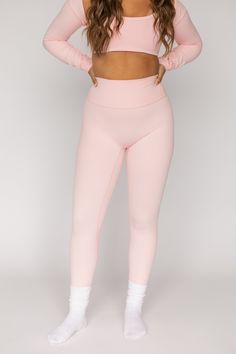 Our leggings are both flattering and supportive. They are high-waisted and feature a wide, double layered waistband that slims and hugs curves in all the right places. Plus, they are designed without a front seam. We recommend sizing up in the Soft Pink Leggings and Bike Shorts. 100 Squats, Pink Bottom, Squat Proof, Pink Leggings, Bike Shorts, High Waisted Leggings, Soft Pink, Black And Navy, Polyester Spandex