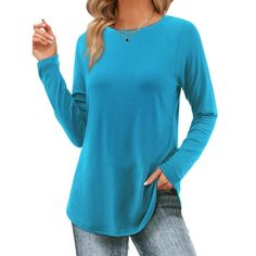 Fantaslook Long Sleeve T Shirts for Women Crew Neck Tunic Tops Casual Fall Shirts Womens t shirts with curve hemline design effectively hides your tummy and slims your figure, suitable for most body types. Womens tops features a crew neck and long sleeves create a classic silhouette.The long sleeve tunic tops for women with solid color design offers versatile styling options.The color of this casual womens t shirt is perfect for styling and the cut so flattering and comfortably.Crew neck t shirt Tunic Tops For Women, Tunic Tops Casual, Long Pullover, Tops Casual, Women Tunic Tops, Shirts For Women, Classic Silhouette, Fall Shirts, Blue Shirt