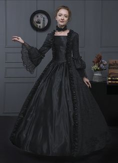 Black Jacquard Victorian Hallowen Vampire Dress     Condition: Brand New   Color:Black   Material: This dress made of High Quality Jacquard and Thick Satin, soft,smooth and comfortable to wear   Sleeve Length: Long Flare Sleeve   Dresses Length:Floor-Length   Neckline:  Square Collar   Decoration: Ruffles + Lace + Bandage   Package Includes: Dress + Neck ornament     The length of skirt about 45 inches (114 cm) long from waist to hem regardless of size. This dress is pictured with a 6-hoop skirt Petticoat underneath to achieve the look. Petticoat are NOT INCLUDED with our dresses. Long Sleeve Corset Dress For Halloween Costume, Long Sleeve Corset Dress For Halloween, Black Corset Dress For Fall Costume Party, Gothic Black Corset Dress For Fall, Black Gothic Corset Dress For Fall, Black Long Sleeve Corset Dress For Costume, Gothic Medieval Dress For Fall Costume Party, Fitted Overbust Medieval Dress For Halloween, Black Gothic Costume For Winter