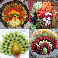 four different pictures of fruits and vegetables arranged in the shape of a turkey, carrots, grapes, pears, as well as a turkey