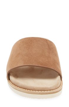 A suede-wrapped molded footbed adds all-day comfort to the plush look of this slide styled with a wide single strap and a herringbone-tread sole. Leather upper and lining/rubber sole Made in Italy Designer Shoes Casual Suede Sandals With Leather Lining, Casual Suede Sandals With Single Toe Strap, Classic Open Toe Slides With Cushioned Footbed, Classic Slides With Cushioned Footbed And Open Toe, Classic Suede Sandals With Leather Footbed, Beige Leather Slides With Leather Footbed, Classic Suede Sandals For Spring, Leather Slides With Textured Footbed, Classic Suede Footbed Sandals With Removable Insole