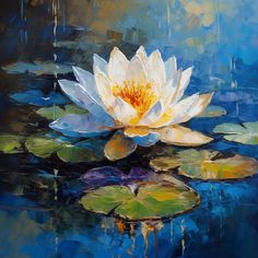 a painting of a white waterlily with lily pads floating in the water on a blue background