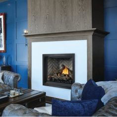 a living room filled with furniture and a fire place in the middle of the room