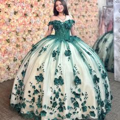 Introducing our stunning 3D Flowers Off Shoulder Tulle Appliques Beaded Pageant Quinceanera Dress. This beautiful dress is crafted from lush green tulle fabric, featuring an elegant off-the-shoulder neckline and sleeveless design. Adorned with intricate appliques and delicate beadwork, it includes a dramatic chapel train and elegant half lace-up and half zipper back. Perfect for a memorable quinceanera celebration, blending grace and glamour effortlessly. Details: Silhouette: Ball-Gown Style Fab Quinceanera Dresses Green, Off Shoulder Tulle, Green Quinceanera Dresses, Quinceanera Themes Dresses, Quince Dress, Green Tulle, Gown Style, Quinceanera Dress, Chapel Train