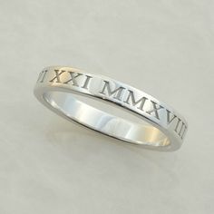 Numeral Ring, Roman Numerals, Personalized Date Band, Solid 10K White or 10K Yellow Gold Silver Promise Ring Stamped 14k, Silver Engraved Ring Stamped 14k For Promise, Timeless Silver Engraved Ring Stamped 14k, Luxury Sterling Silver Engraved Promise Ring, Classic Sterling Silver Promise Bands, Timeless Sterling Silver Bands For Promise Ring, Luxury Sterling Silver Rings For Anniversary, Customizable Luxury Promise Ring, Luxury Customizable Promise Ring