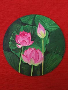 a painting of three pink flowers on a green leafy background with red linens