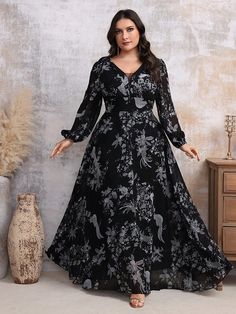 color: Black, size: 3XL Lace Mesh Dress, Long Dress Plus Size, Formal Bridesmaids Dresses, Formal Parties, Plus Size Elegant, Lantern Sleeve Dress, Dress Spring, Fabric Floral, Maxi Dress With Sleeves