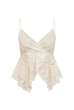 Loving on the Luschia Top. Designed from a silky viscose habotai fabric, this vintage-inspired top is all in the details with a stunning medley mix of laces and shirring details all over. This sexy cami top has an overlapping, sweepy peplum and handkerchief silhouette. Delicate, floral laces arrive at the sweep and the bodice. The evening-to-day top includes a zipper for functionality.