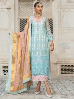 Designer embroidered net dress is presented for party and casual wear. Designer embroidered net dress with thread work and motifs available in all over USA Designer Light Blue Chikankari Embroidery Dress, Designer Light Blue Dress With Chikankari Embroidery, Designer Blue Churidar With Sheer Dupatta, Light Blue Chikankari Bollywood Dress, Light Blue Bollywood Dress With Chikankari Embroidery, Designer Blue Dress With Resham Embroidery, Blue Anarkali Dress In Chanderi, Blue Georgette Kurta With Sheer Dupatta, Blue Resham Embroidered Designer Dress