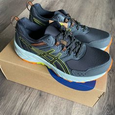 Brand New Asics-Gel Venture 9 Trail Running Shoes Great Cushion With Ortholite Color: Graphite Grey/Black Size: 8.5(Men’s) Asics Gel Venture, Asics Running, Mens Tennis Shoes, Gel Lyte Iii, Asics Gel Lyte, Wrestling Shoes, Asics Running Shoes, Training Sneakers, Asics Men