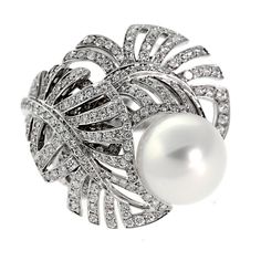 Chanel Pearl Diamond White Gold Ring 0000043 Chanel Ring, Chanel Pearl, Pretty Leaf, Chanel Pearls, Pearl And Diamond Ring, Gold Cocktail Ring, Diamond Cocktail Rings, Chanel Jewelry, Diamond Gold