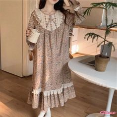 Qteee - Elegant Long Sleeve Pajama Set with Delicate Lace Details and Charming Floral Print Cotton Night Dress, Night Suit For Women, Long Sleeve Pajamas, Cotton Nightgown, Fashion Top Outfits, Cottagecore Outfits, Floral Pajamas, Night Dress For Women, Loungewear Women