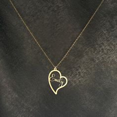 Discover the perfect personalized gift with this elegant heart-shaped gold necklace, custom engraved with the name for a unique and cherished piece of jewelry Our handmade silver necklaces make wonderful and delicate gifts for you.  Materials: -High Quality 925 Sterling Silver -18k Gold Plated Silver -18k Rose Gold Plated Silver Colors: -Gold -Rose Gold -Silver Please choose from options tag, if you would like a different color than the one shown in our pictures Packaging: All necklaces are carefully packaged and sent in a special gift box. We hope you find the perfect personalized necklace in our store. For more examples, please visit our store. Ordering Process: -Choose your preferred color and option. -Select the necklace length: Standard 16" or 12" for kids. -If you have any additional Customizable 14k Gold Necklaces For Anniversary Gift, Personalized Gold Necklace For Anniversary, Personalized Gold Necklace For Anniversary Gift, Elegant Personalized Necklace For Anniversary Gift, Personalized Yellow Gold Necklaces For Anniversary, Customized Heart-shaped Yellow Gold Jewelry, Custom Heart Necklace With Name For Valentine's Day, Personalized Heart Cut Jewelry For Gifts, Heart-shaped Engraved Jewelry For Personalized Gift