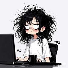 a woman sitting at a desk with a laptop computer in front of her, she has long black hair and glasses on