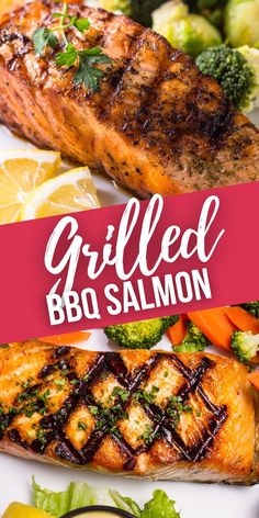 grilled bbq salmon on a plate with broccoli and lemons