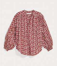 Floral Ruffle Trim Blouse | LOFT Fall Peasant Top With Blouson Sleeves For Daywear, Bohemian Blouse With Relaxed Fit And Gathered Sleeves, Billowy Tops For Daywear In Fall, Billowy Tops For Fall Daywear, Casual Ruffled Viscose Blouse, Fall Ruffle Viscose Tops, Flowy Blouse With Smocked Cuffs For Spring, Fall Viscose Ruffle Top, Fall Rayon Peasant Top