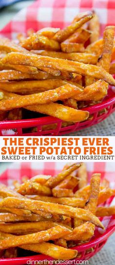 crispy sweet potato fries in a red basket on a checkered tablecloth with text overlay