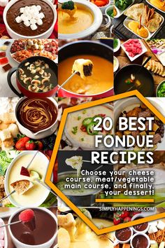 A collage of fondue pots with food in them Fondu Board, Types Of Fondue, Nye Fondue Party, Vegetarian Fondue Recipes, Dessert Fondue Charcuterie Board, Fondue Platter Ideas, New Years Fondue, Best Fondue Recipes Cheese, Fondue For Meat