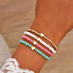 🍉5 for $25* Beaded Heart Charm Bracelets Beaded Bracelets For Women, Plastic Beads Bracelets, Beaded Jewelry Designs Bracelets, Trending Bracelets Bead, Heart Beaded Jewelry, Clay Bead Bracelet Ideas Sports, Preppy Beaded Jewelry