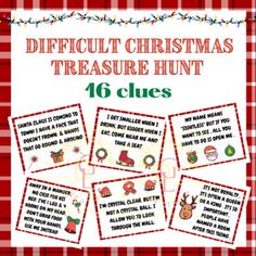 christmas themed printables with the words difficult christmas treasure hunt