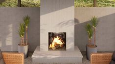 an outdoor fireplace with potted plants in front of it