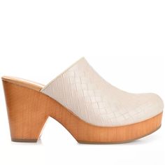 Journe Collection Women's Kelsy Woven Clogs Add Retro Vibes To Anything From Midi Skirts To Your Favorite Jeans With The Kelsy Clogs By Journee Collection. With A Chunky Faux Wood Platform And Woven Faux Leather Uppers, This Effortless Heel Pairs Well With Your Favorite Thrift Store Treasures. A Insole Lines This Slip-On Style For Extra Cushion. Heel Height - 3.5", Block Heel Shoe Width - Medium Slip-On Closure 4mm Tru Comfort Foam Footbed Faux Leather Upper, Fabric Lining, Manmade Outsole Round Mule Flats, Black Mules, Block Heel Shoes, Womens Mules, Midi Skirts, Journee Collection, Faux Wood, Mule Clogs, Mules Shoes