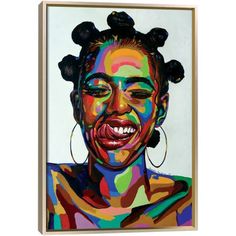 a painting of a woman's face painted in multi - colored colors with large hoop earrings