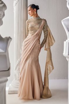 Golden cream pre-draped saree gown in shimmer chiffon base with a zardozi embroidered yoke and high neckline. - Aza Fashions Floral Work Blouse, Draped Saree Gown, Saree Gowns, Draped Saree, Cotton Saree Designs, Drape Gowns, Gown For Women, High Fashion Dresses, Saree Gown