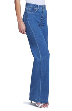 Add a fresh silhouette to your jeans collection in this wide-leg option done in a bright blue hue and kissed with just a hint of stretch. 34" inseam; 21" leg opening; 11" front rise; 15" back rise (size 29) 94% cotton, 5% polyester, 1% spandex Machine wash, line dry Made in the USA Classic Blue Flare Jeans, Chic Full Length Flare Jeans In Medium Wash, High Rise Blue Flares With Five Pockets, Chic Medium Wash Full Length Flare Jeans, Chic Full Length Medium Wash Flare Jeans, Chic Medium Wash Full-length Flare Jeans, Denim Blue Fitted Full-length Flares, Chic Medium Wash Full-length Jeans, Chic Medium Wash Full Length Jeans