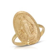 A Virgin Mary Ring has a half round band. Super comfortable and made in high quality, yet affordable metal, for all day everyday wear. This Virgin Mary Ring is a stunner. 14K Gold Filled Mary is 20mm x 13mm, band is 2mm wideMade to order in any size! If you need a 1/2 size, please mention your size in the notes at checkout.Gold Filled has 100 times more gold than gold plated jewelry. You can swim, shower, etc, this ring is made to wear exactly like solid 14K Gold and will not chip or fade or lea Virgin Mary Gold Ring, Gold 14k Engraved Midi Rings, Gold Engraved 14k Gold Midi Rings, Gold Signet Ring With Open Band For Promise, Gold Signet Ring As Promise Ring, Gold Signet Ring With Open Band, Gold Oval Stackable Rings, Tarnish Resistant, Gold Oval Stackable Midi Rings, Gold Oval Stackable Rings Tarnish Resistant