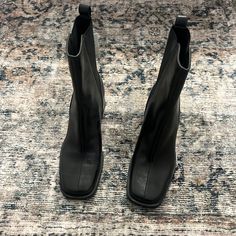 Black Zara Boots Size 40 - Brand New With Tags Black Chelsea Boots With Stacked Heel And Square Toe, Black Square Toe Boots With Padded Heel, High Heel Moto Boots With Medium Width For Work, Classic Black Boots With Padded Heel, Fitted High Ankle Black Chelsea Boots, Trendy Leather Chelsea Boots With Square Toe, Black Chelsea Boots With Reinforced Heel For Office, Black Heeled Boots With Platform And Square Toe, Black Ankle-high Chelsea Boots For Office