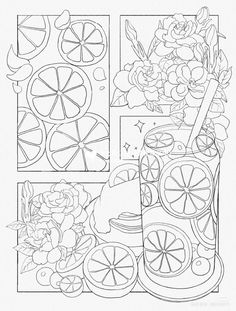 a coloring page with fruit and flowers on it