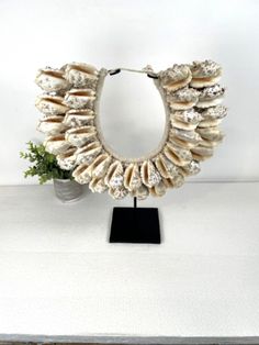 a shell wreath is displayed on a table