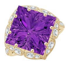 Feast your eyes on the splendid V-cut square amethyst, held in an ornate vintage-inspired setting. The diamonds surrounding this velvety purple gem and on the shank glitter exceptionally, while the fine milgrain work completes the old world vibe of this 14k yellow gold ring. Luxury Purple Amethyst Rectangular Ring, Luxury Purple Amethyst Ring, Rectangular Shape, Luxury Purple Rectangular Amethyst Ring, Elegant Cushion Cut Amethyst Ring, Elegant Purple Cushion Cut Amethyst Ring, Amethyst Ring Vintage, Purple Gems, 14k Rose Gold Ring, 18k Yellow Gold Ring