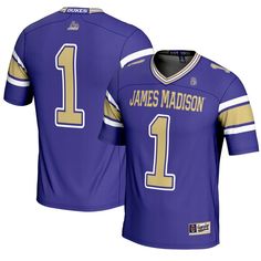 a purple football jersey with the number one on it and gold trimmings is shown