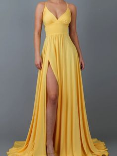 This polyester maxi dress is available in yellow, black, pink, orange, or white colors, making it the perfect summer dress for any occasion. Experience Supreme Quality with our Versatile Solid Color Dress: Crafted with the utmost attention to detail, our slim and orange dress exudes quality and sophistication. The solid color design allows you to showcase your personal style and versatility. Whether you're attending a formal event or a casual gathering, this dress is sure to make a lasting impre Summer Prom Sundress, Summer Prom Style Sundress, Yellow Chiffon V-neck Maxi Dress, Solid Color Evening Maxi Dress, Solid Color Maxi Evening Dress, Solid Color Maxi Dress For Evening, Solid Flowy Maxi Dress, Solid Color Flowy Floor-length Maxi Dress, Fitted Maxi Length Sundress